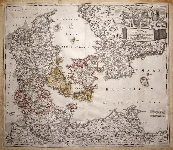HOMANN, Johann Baptist , Regni Daniae- in quo sunt Ducatus Holsatia et Slesvicum Insulae Danicae provinciae Iutia Scania Bleringia. Nova Tabula edita a Io. Baptista Homanno Noribergae, et aucta Secundum Geographiam vovisimam, Iohann Huebnerei. I. U. L. , antique map, old maps