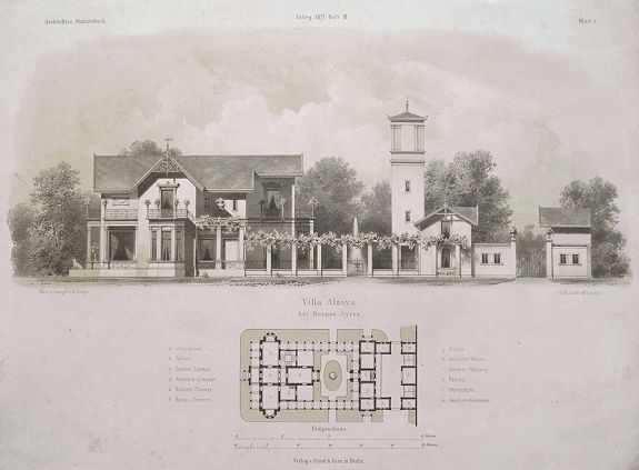 BUNGE, E., Villa Alzaya bei Buenos-Ayres., antique map, old maps