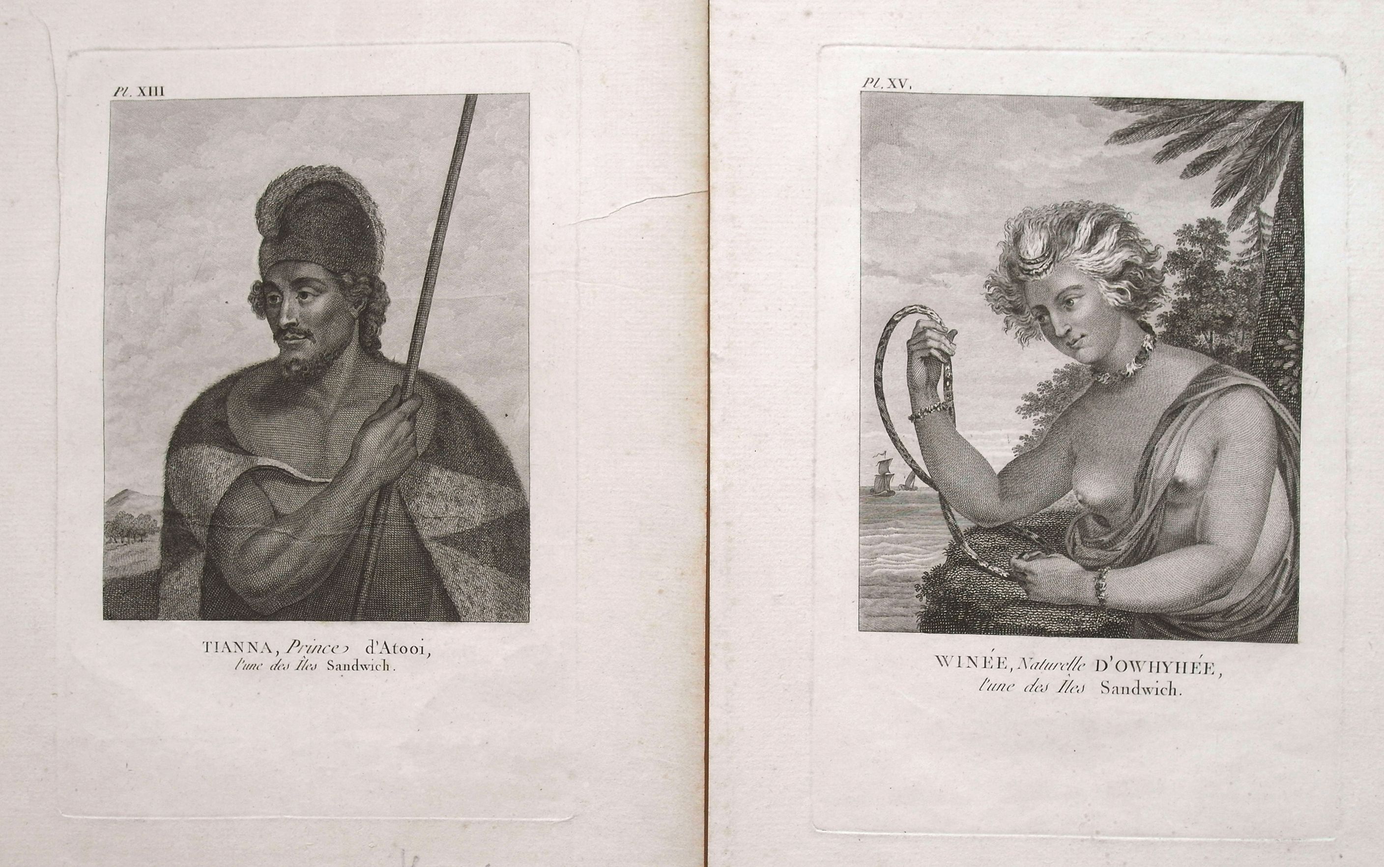 MEARES, J., Pair of 2 prints: Winée, naturelle D'Owhyée; Tianna, Prince d'Atooi., antique map, old maps