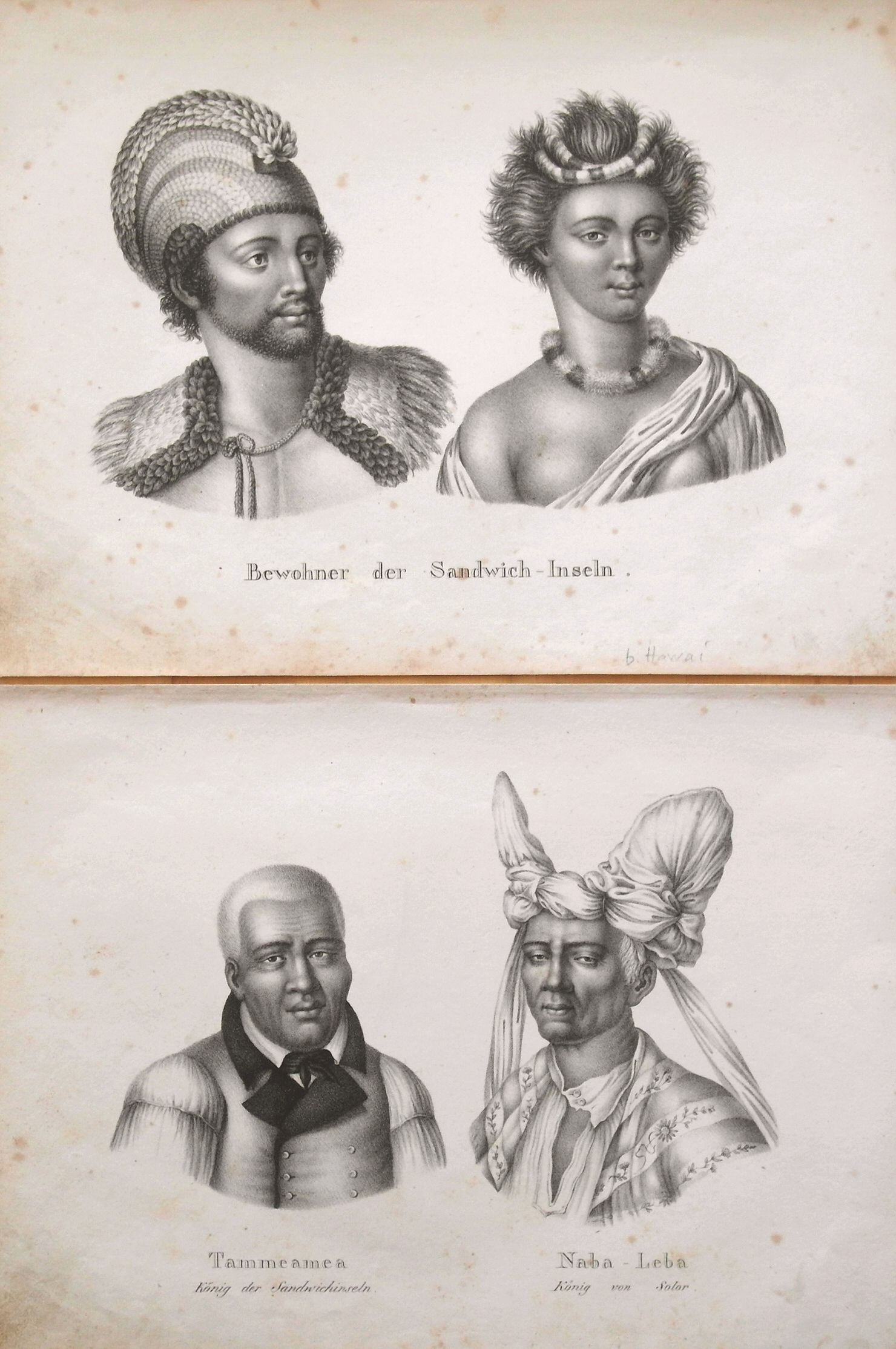 BRODTMANN, C. J., Pair of 2 prints: Bewohner der Sandwich-Inseln; Tammeamea König der Sandwichinseln. Naba-Leba König von Solor;, antique map, old maps