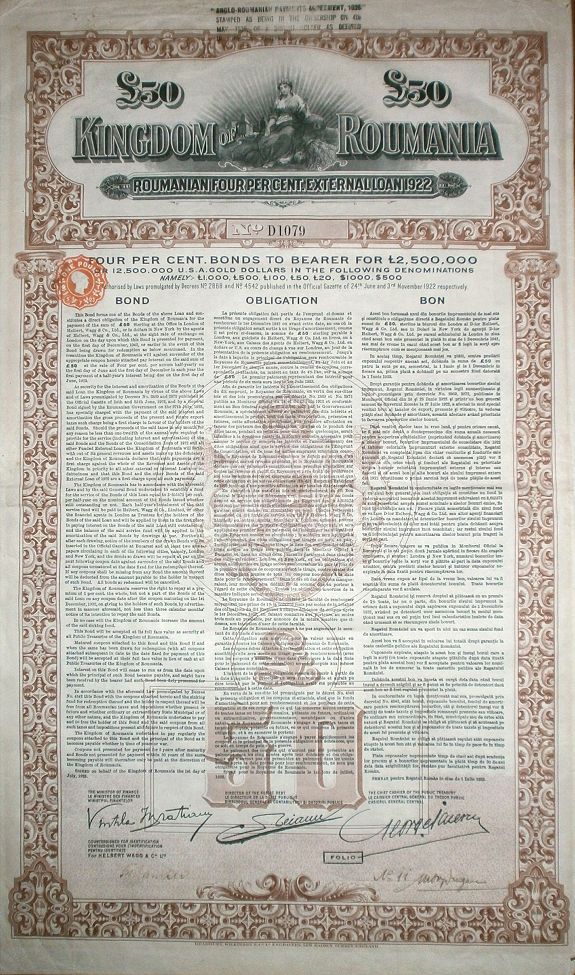Bradbury, Wilkinson & Co Ltd, KINGDOM OF ROUMANIA £50 GOLD EXTERNAL LOAN 4% 1922 Bond., antique map, old maps