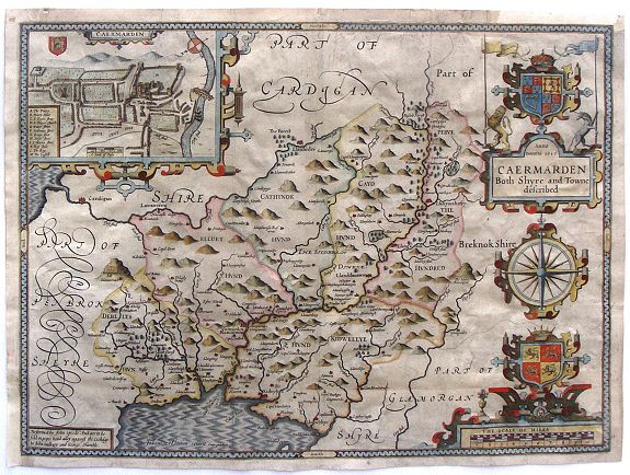 SPEED, J., Caermarden, Both Shyre And Towne Described., antique map, old maps