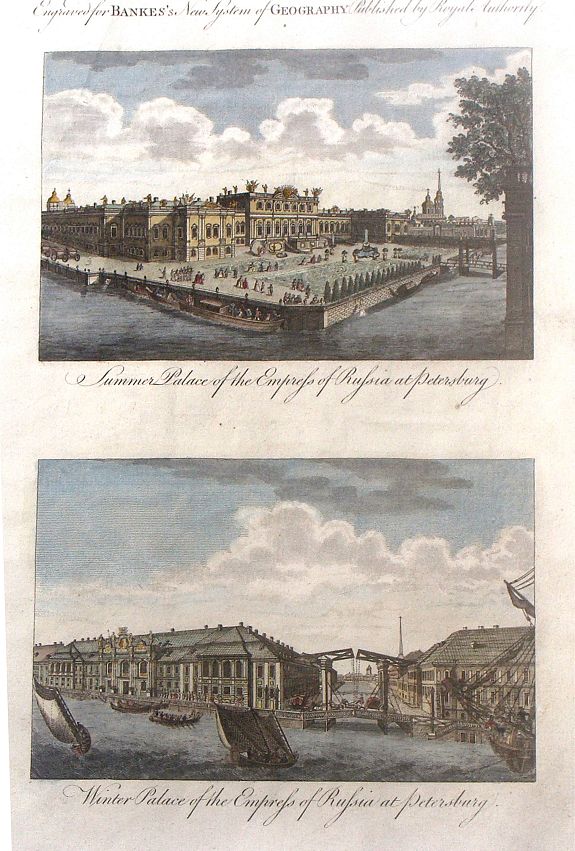 ANONYMOUS, Summer Palace of the Empress of Russia at Petersburg and Winter Palace of the Empress of Russia at Petersburg, antique map, old maps