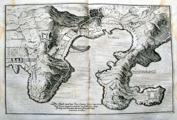 MERIAN, M., Die Stadt und der See-Haven Ville franche oder Villa franca, welche im Jahr 1691, dem Herzog von Savoyen durch die Franzosen abgenommen worden., antique map, old maps