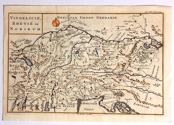 CELLARIUS, C., Vindelicie, Rhetie en Norikum., antique map, old maps