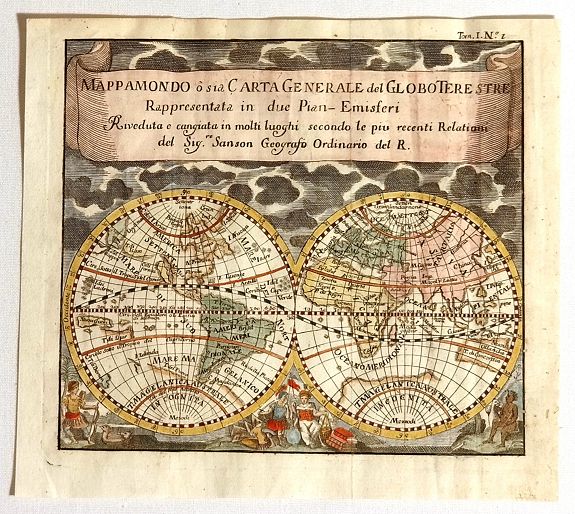SANSON, N. / AFFERDEN, Francisco de, MappaMondo o sia Carta Generale del Globo Terestre Rappresentata in due Pian§Emisferi. . ., antique map, old maps