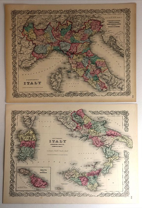 COLTON, J.H., Northern Italy & Southern Italy (Two Maps), antique map, old maps