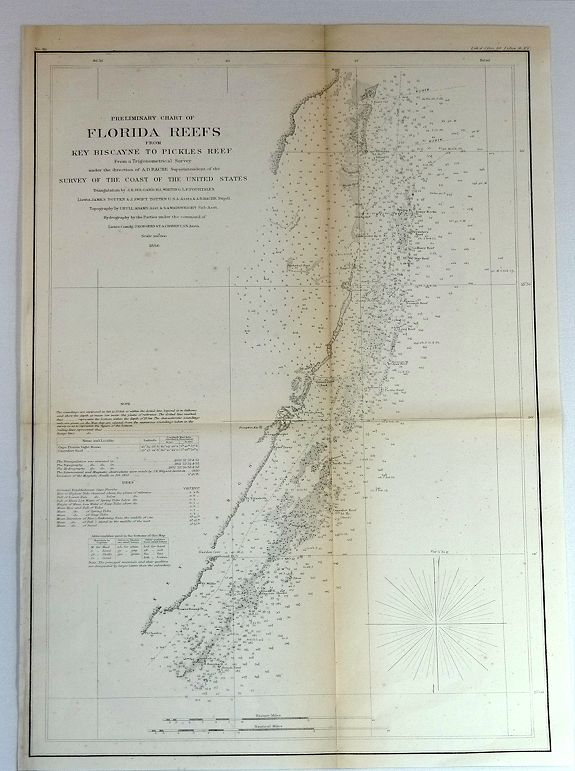 U.S.COAST SURVEY., Preliminary Chart of Florida Keys from Key Biscayne to Pickles Reef, antique map, old maps