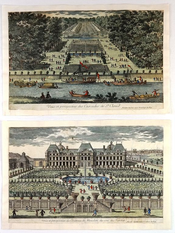 AVELINE, P., (Two Aveline Panoramic Views) Cascades de St. Cloud & Chateau de Meudon., antique map, old maps