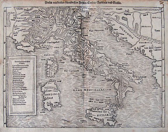 MÜNSTER, S., Italia mit dreien fürnemsten Inseln / Corsika / Sardinia und Sicilia., antique map, old maps