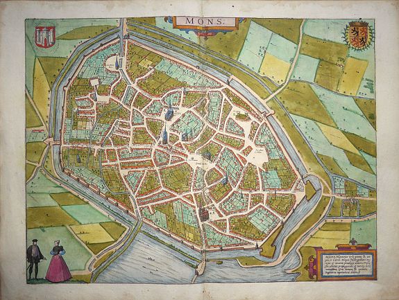 Georg Braun, and Franz Hogenberg, Mons, Hannonia Urbs potens & ampla, a Carolo Magno, Metropolitano muneze et caesareis privilegijs donata,, antique map, old maps