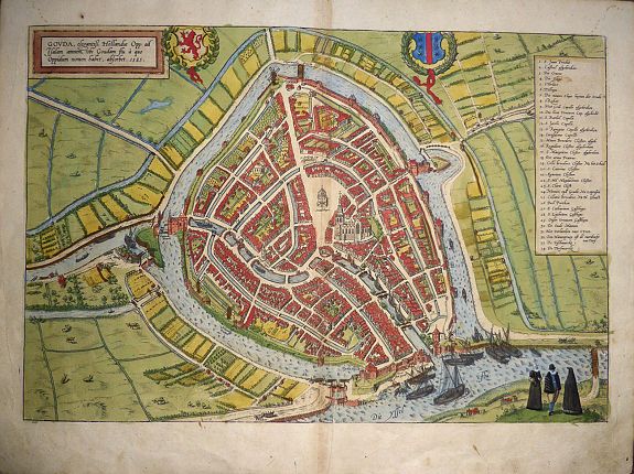 Georg Braun, and Franz Hogenberg, Gouda, elegantB. Hollandiae Opp. ad Isalam amnem, ubi Goudam flu. a' quo Oppidum nomen habet, absorbet. 1585 , antique map, old maps