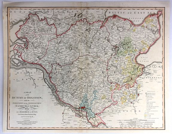 FADEN, W.,, A Map of the Dutchy of Holstein with the Territories of the Imperial Towns Hamburg and Lübek, Also the Bishoprick of Eutin…, antique map, old maps