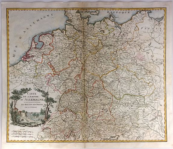 VAUGONDY, G.,, Carte de l'Empire d'Allemagne ou sont marquees exactement les routes des postes., antique map, old maps