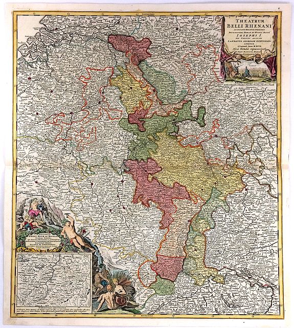 HOMANN, J.,, Theatrum Belli Rhenani Auspicatis Militiæ Primitis Potentissimi Roman et Hunga Regis. . ., antique map, old maps