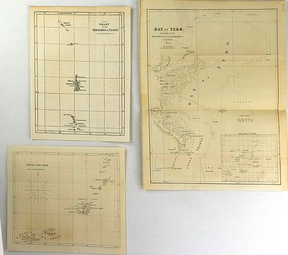 U.S. NAVY., (Three Perry Maps) Bay of Yedo, Chart of the Bonin Group of Islands & Great Lew Chew., antique map, old maps