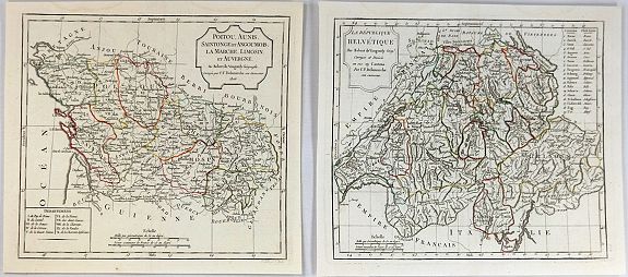 VAUGONDY / DELAMARCHE., (2 Maps) La Republique Helvetique & Poitou, Aunis, Saintonge et Angoumous. La Marche, Limosen et Auvergne., antique map, old maps