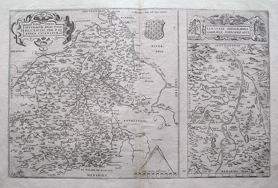 ORTELIUS, A., Regionis Biturigum Exactiss: Descriptio per D. Ioannem Calamaeum / Limaniae Topographia Gabriele Symeoneo Auct., antique map, old maps