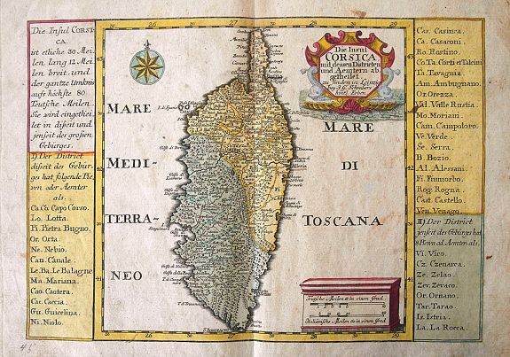 SCHREIBER, J. G., Die Insul Corsica mit dessen Disricten und Aemtern abgetheilet., antique map, old maps
