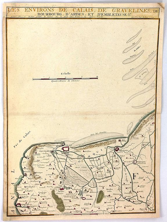 DE FER, N., Les Environs de Calais, Gravelines, Bourbourg, d'Ardes, et d'Embleteuse & c., antique map, old maps