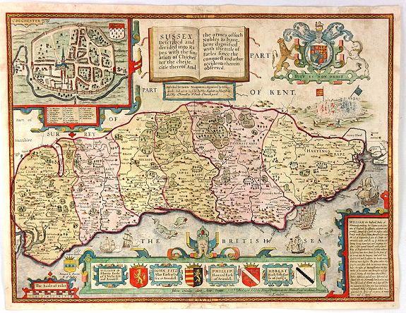 SPEED, J., Sussex Described and divided into Rapes with the situation of Chichester the Chiefe citie thereof…, antique map, old maps