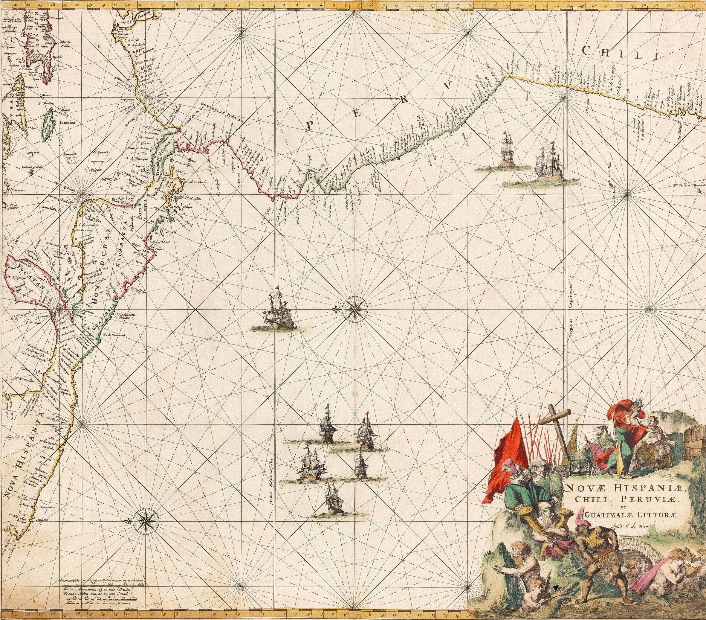 DE WIT, F., Nova Hispaniae, Chili, Peruviae, et Guatimalae Littorae..., antique map, old maps