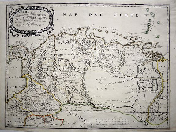SANSON, N., Terre Ferme ou sont les Governations, ou Gouvernemens de Terre Ferme, Cartagene, St. Marthe, Rio De la Hache, Venezuela, Nouvelle Andaluise, Popyan , antique map, old maps