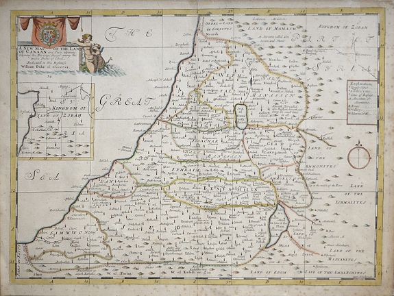 WELLS, E., A New Map of the Land of Canaan and Parts adjoyning Shewing the Divisions thereof among the twelve Tribes of Israel. Dedicated to His Highness William Duke of Glocester. , antique map, old maps