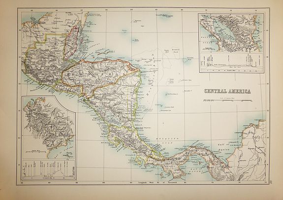 Adam & Charles Black. , Central America - Guatemala, Honduras, Nicaragua, Costa Rica, and Panama, antique map, old maps