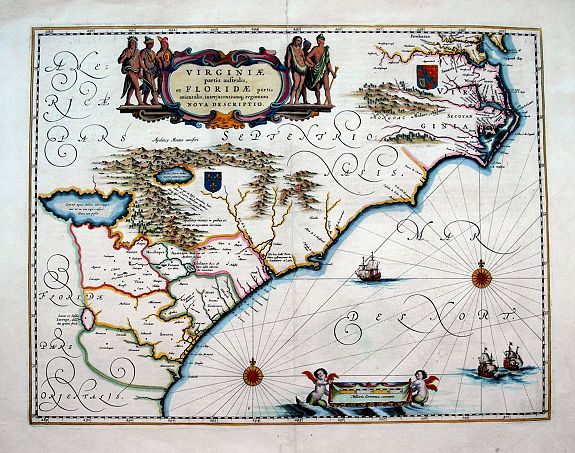 JANSSONIUS, J., Virginiae Partis australis, et Floridae partis orientalis, interjacentiumqs regionum Nova Descriptio, antique map, old maps