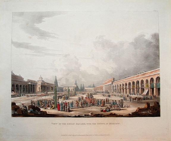 ACKERMANN, R., View of the Great Square, with the shops at Moscow., antique map, old maps