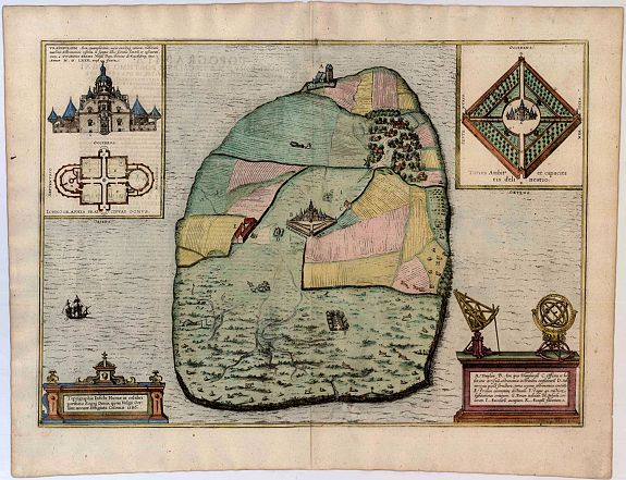 BRAUN, G. & HOGENBERG, F., Topographia Insulae Huenae in Celebri Porthmo Regni Daniae, quem vulgo Oersunt Vocant., antique map, old maps