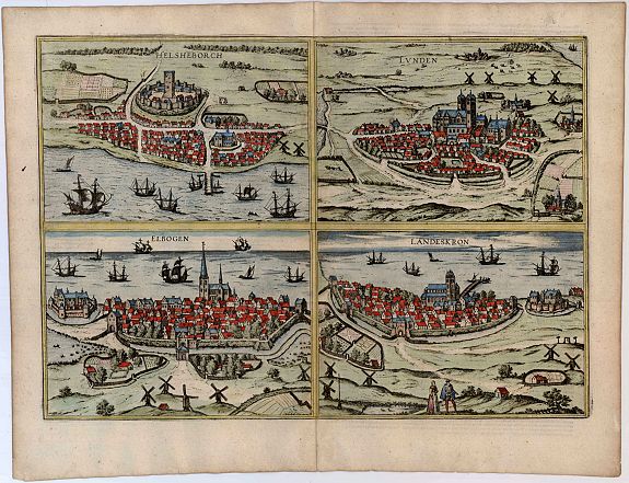 BRAUN, G. & HOGENBERG, F., Helsheborch - Lunden - Elbogen - Landeskron., antique map, old maps