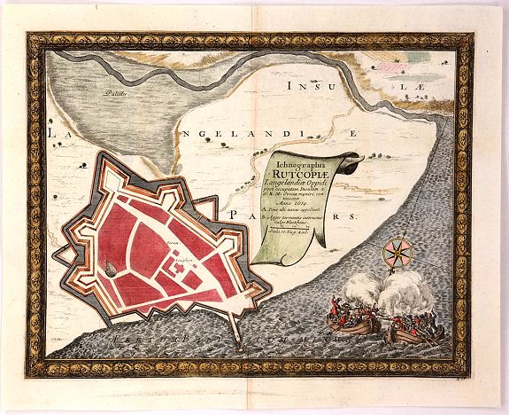DAHLBERGH, E., Ichnographia Rutcopiae Langelandice Oppidi, antique map, old maps