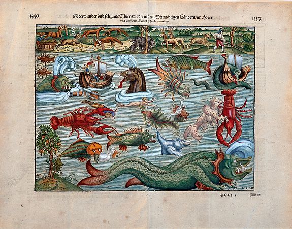 MÜNSTER, S., Meerwunder und Seltzame Thier/Wie Die In Den Mitnacßtigen Landern Gefunden Werden, antique map, old maps