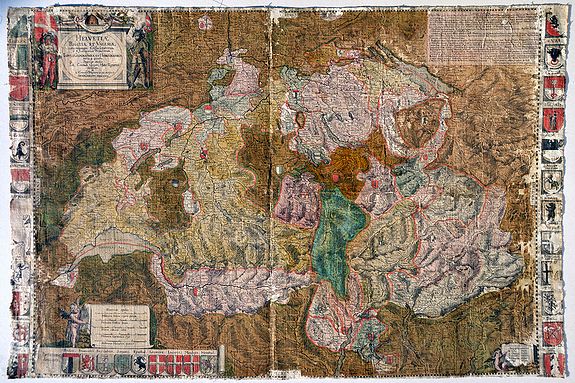 GYGER, Hans Conrad., Helvetiae Rhaetiae et Valesiae caeterorumque confoederatorum ut & finitimorum populorum tabula geographica et hydrographica nova & exacta / operâ & studio Ioh. Conradi Gÿgeri, Helv. Tigurini delineata ; & à Conrado Meÿero in æs incisa anno Christi 1657, antique map, old maps