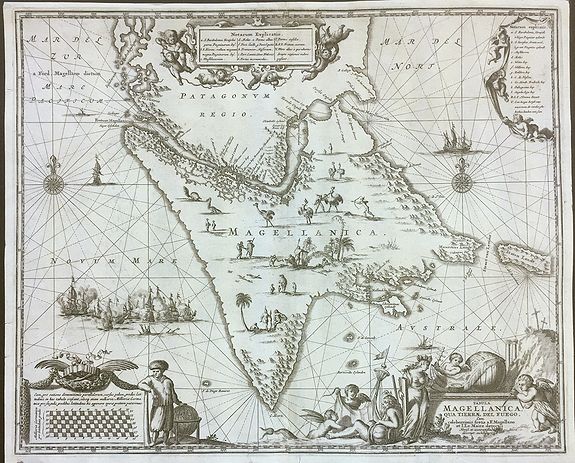 MONTANUS / OGILBY., Tabula Magellanica, qua Tierrae del Fuego, cum Celeberrimis Fretis a F. Magellano et I. Le Maire Detectis Noviss et Accuratissim Descript. Exhibetur, antique map, old maps