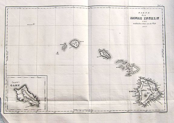 DUMONT-D'URVILLE, J. S. C., Karte der Hawaii Inseln zur malerischen Reise um die Welt 1835., antique map, old maps