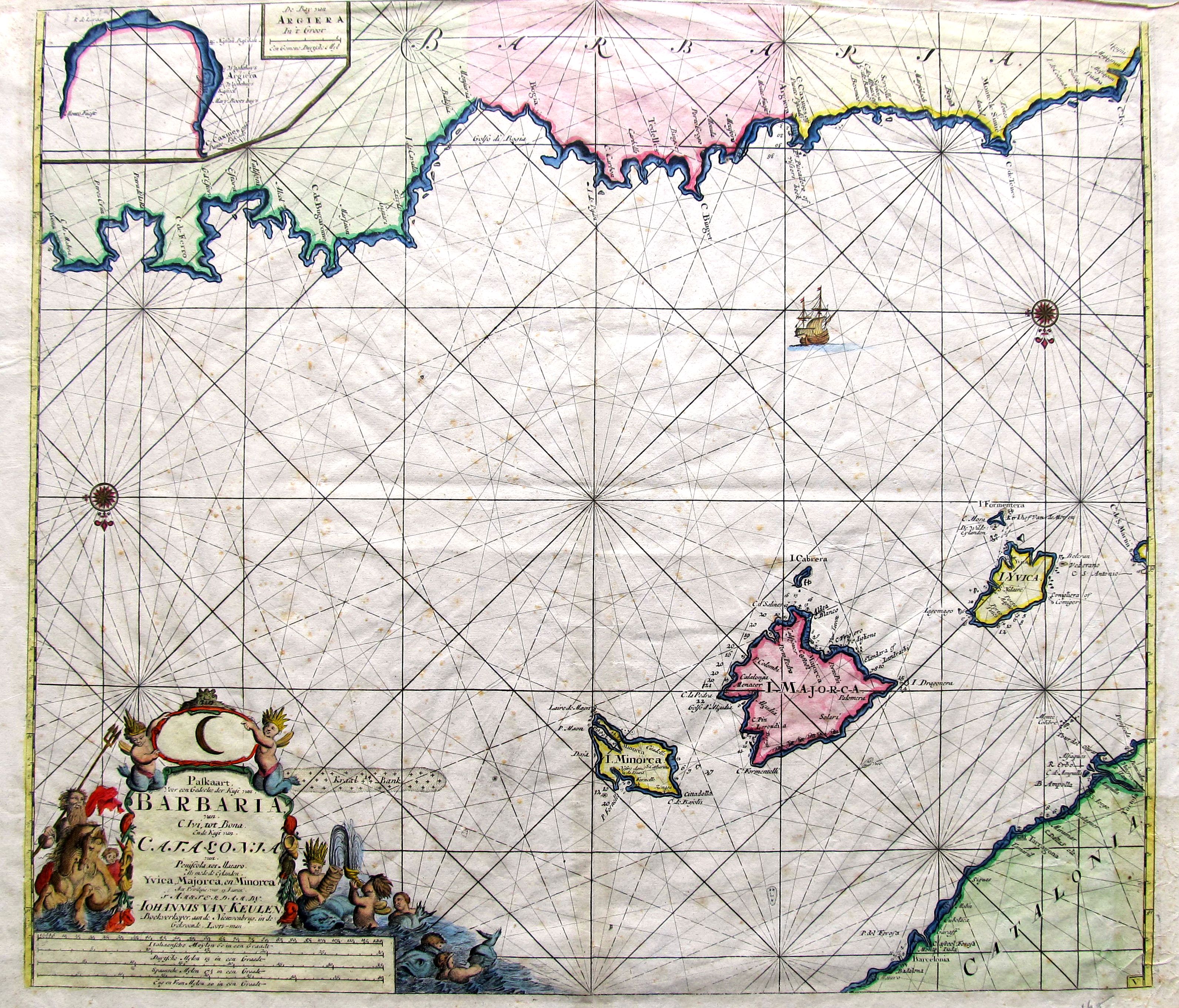 KEULEN, J. VAN, Paskaart ... Catalonia van Peniscola ... de Eylanden, Yvica, Majorca, en Minorca..., antique map, old maps