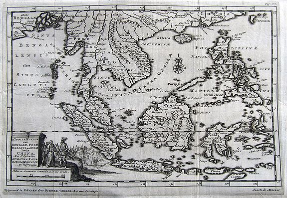 VAN DER AA, P., D'Indize Kusten van Bengale, Pegu, Malacca en Siam tot in China, met d'Eylanden Sumatra, Iava, Borneo, Moluccos en andere., antique map, old maps