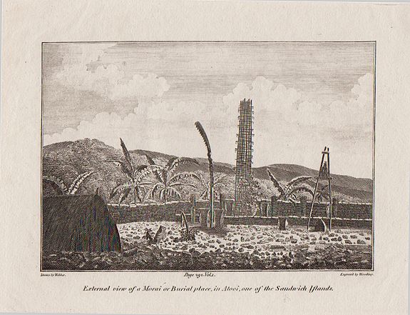 John Webber – J Wooding, External view of a Morai or Burial place in Atooi one of the Sandwich Islands. , antique map, old maps