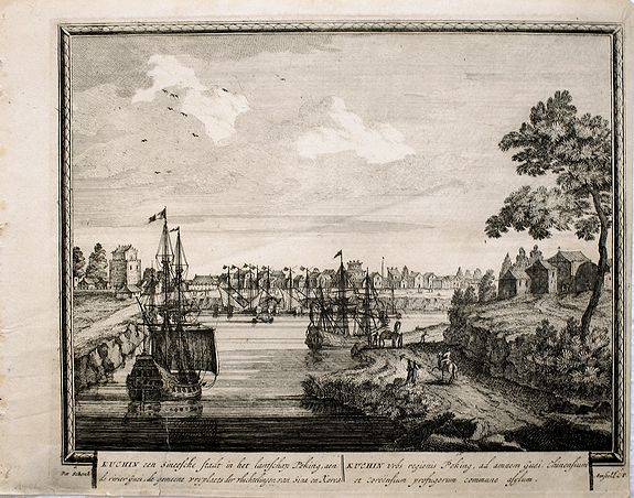 SCHENK, Pieter, Kuchin een sineesche Stadt in het lantschap Peking, aen de rivier Guei, de gemeene vryplates der vluchtelingen van Sina en Korea. | Kuchin Urbs regionis Peking, ad amnem Guei, Chinensium et coreensium prosugorum commune asylum., antique map, old maps