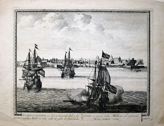 SCHENK, Pieter., Kochin, of Kouchin een onde en beroemde Stadt in her lantschap Malabar in Indie, onder her gebiet der Nederlanders. Cochin, in regione Indiae Malabarica, ad cognominem fluvium primaria Civitas., antique map, old maps