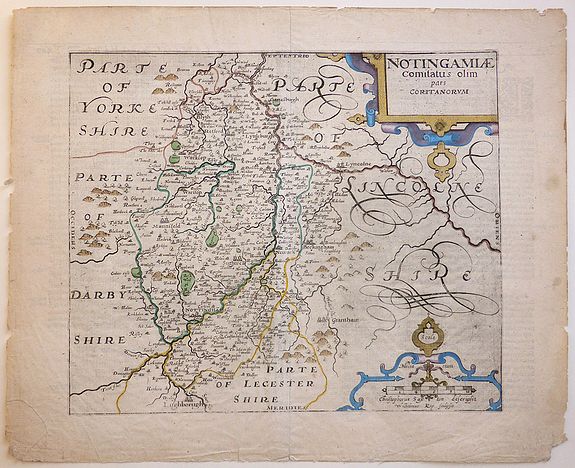 Christopher Saxton - William Kip., NOTINGAMIAE Comitatus olim pars Coritanorum. , antique map, old maps