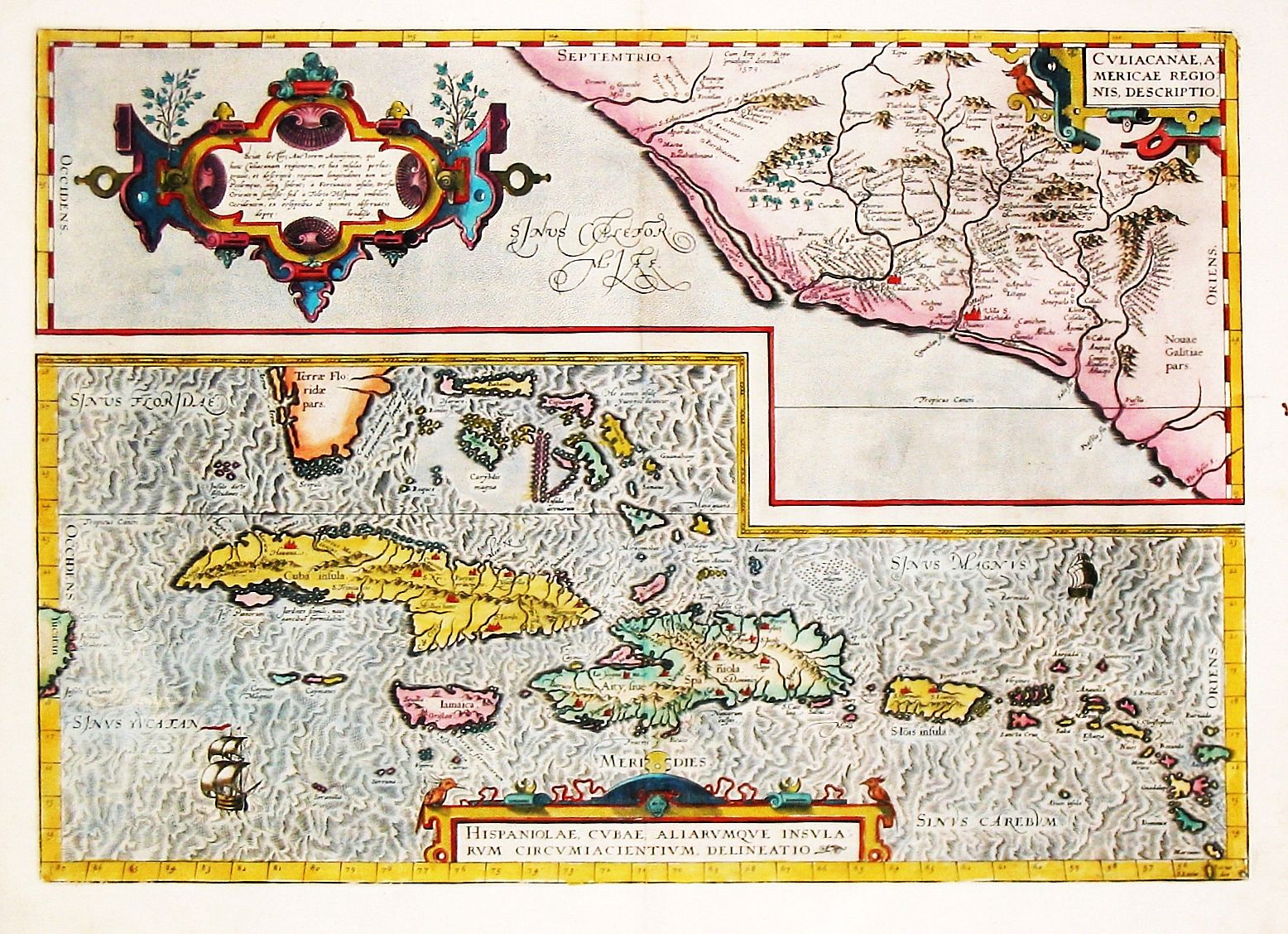 ORTELIUS, A., CULIACANAE, A: /MERICAE REGIO: / NIS, DESCRIPTIO - HISPANIOLAE, CUBAE, ALIARUMIQUE INSUL: / RUM CIRCUMIACIENTIUM, DELINEATIO 1579., antique map, old maps