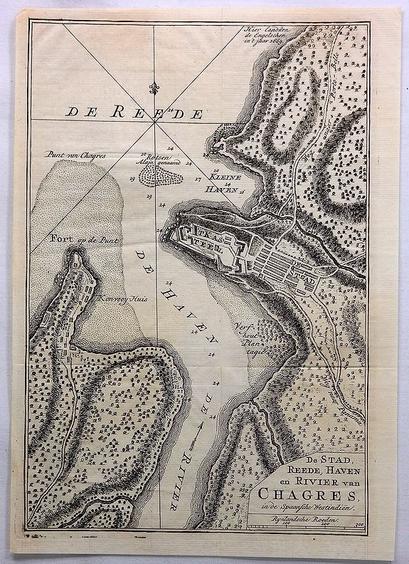 TIRION, I., De Stad, Reede, Haven en Rivier van Chagres in de Spaansche Westindien., antique map, old maps