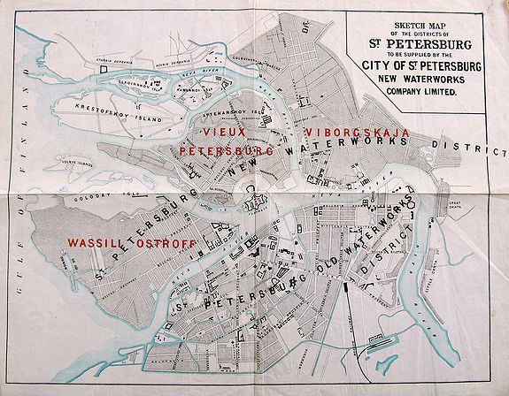 City of St. Petersburg New Waterworks Company Ltd., Sketch Map of the Districts of St. Petersburg to be supplied by the City of St. Petersburg New Waterworks Company Limited., antique map, old maps