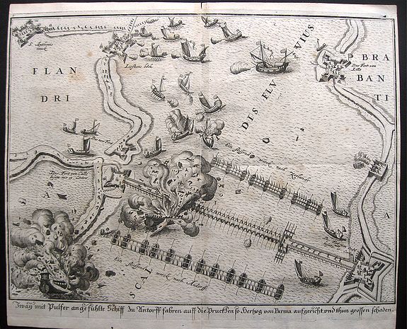 ANONYMOUS., Siege on Antwerp - Ship bridge blown up., antique map, old maps