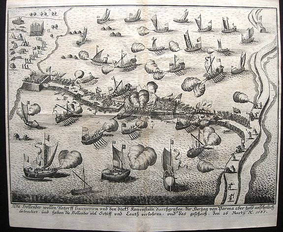 ANONYMOUS., Siege on Antwerp - Battle on the Kauwensteinse Dike., antique map, old maps