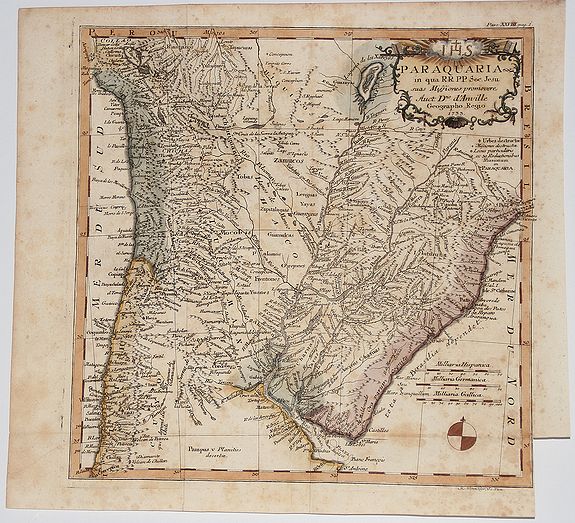 Jean Baptiste Bourguignon d'Anville, PARAQUARIA in qua R.R. P.P Soc. Jesu suas Missiones promovere, 1733, antique map, old maps